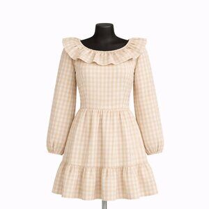 J. Crew Seersucker Gingham Ruffle Neck Prairie Dress 14 Cotton Ivory Khaki